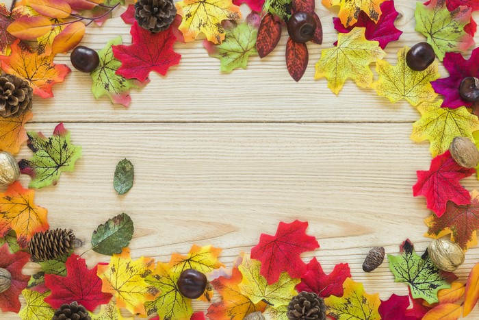 Autumn leaves, pine cones, and chestnuts on wood planks