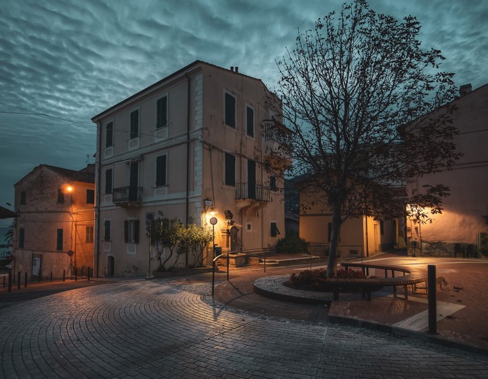 Street lights illuminate houses and a tree at night in Ospedaletti, Italy