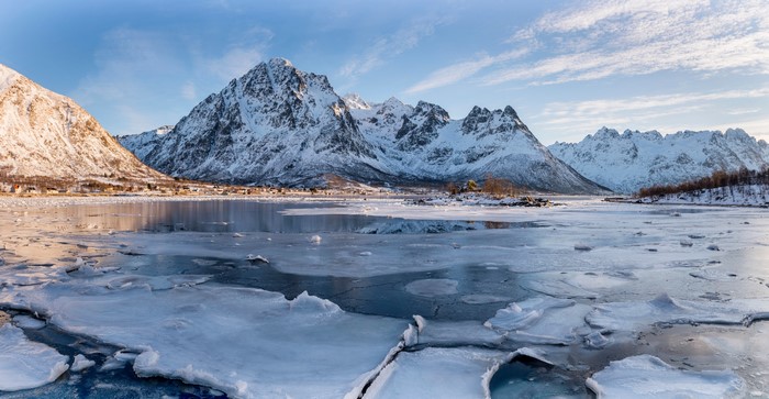 Laupstad, Norway Mountains and Fjord in Winter