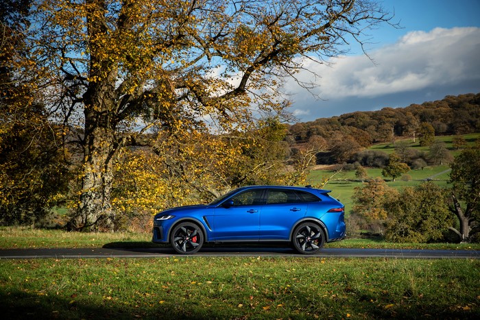 Blue Jaguar F-Pace SVR 2020 parked on a road