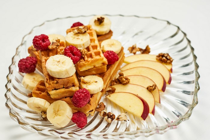 Waffles with Bananas, Raspberries, Apples, and Walnuts