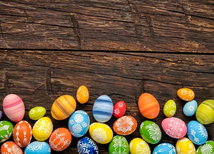 Easter eggs on wooden planks