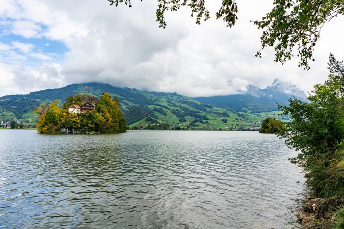 Schwanau Island on a Swiss Lake with Mountains