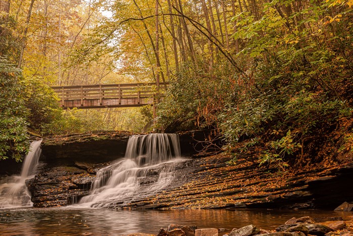 Autumn Waterfalls and Bridge in Jefferson National Forest, Virginia
