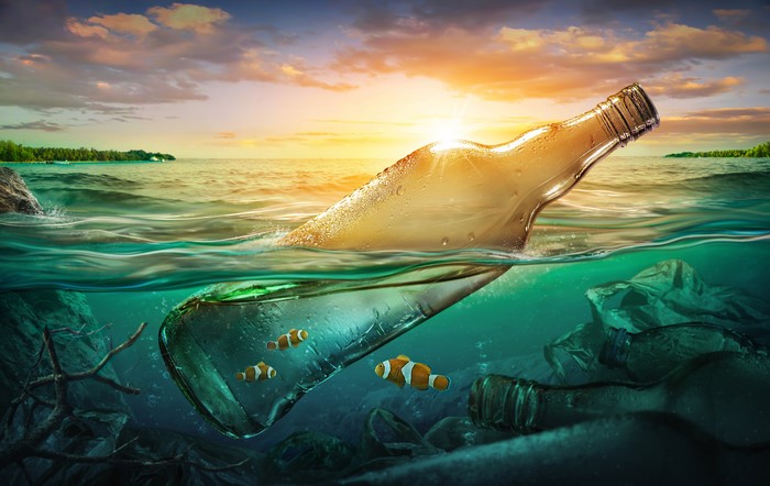 Bottle and Trash in Ocean with Clownfish