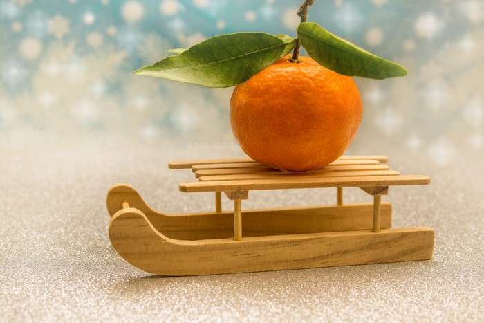 Orange fruit on a wooden sled with leaves