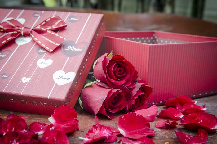 Red Roses and Gift Box with Bow