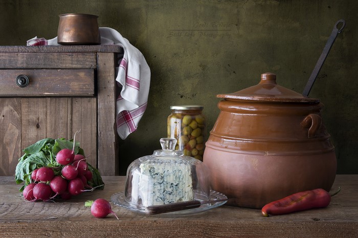 Still life with radishes, cheese, and chili pepper