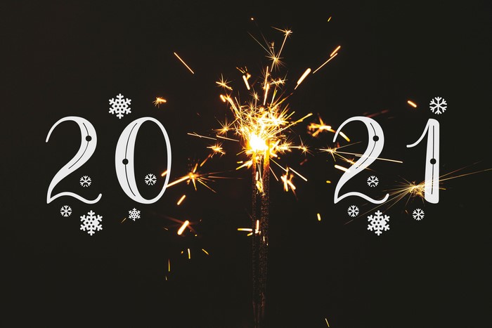 2021 Sparkler and Snowflakes on Black Background
