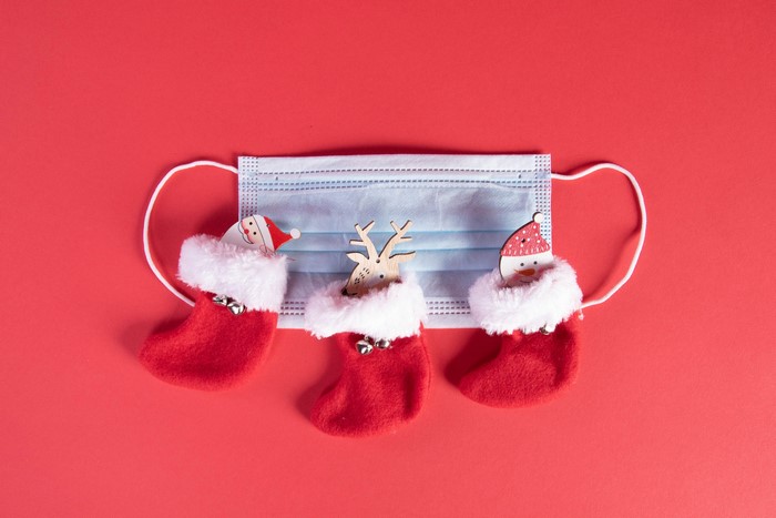 Christmas stockings with Santa, snowman, and deer on a mask