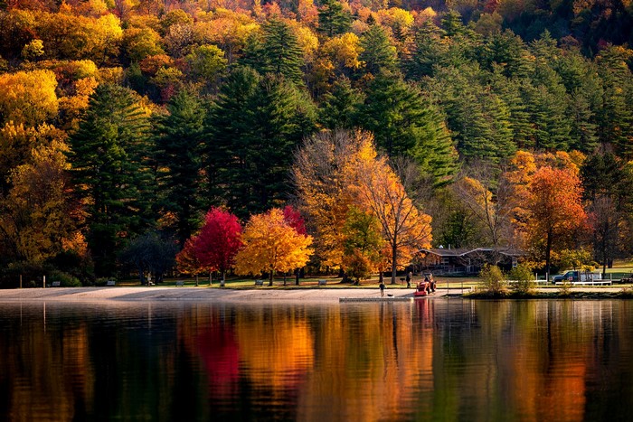 Autumn foliage reflected in a lake with a building and people