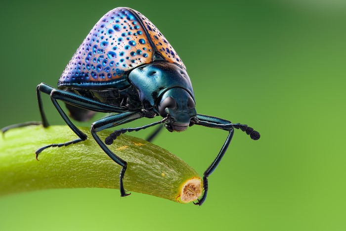 Close-up of a colorful jewel beetle on a green plant