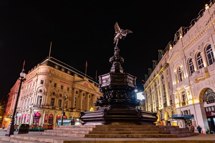 Shaftesbury Memorial Fountain Statue of Eros at Night in London