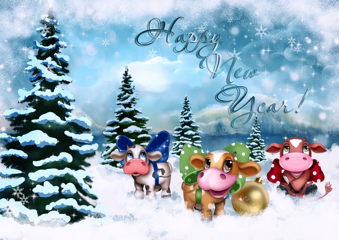Happy New Year cows in snowy forest