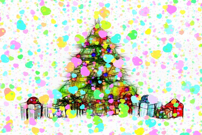 Christmas tree with gifts and colorful hearts