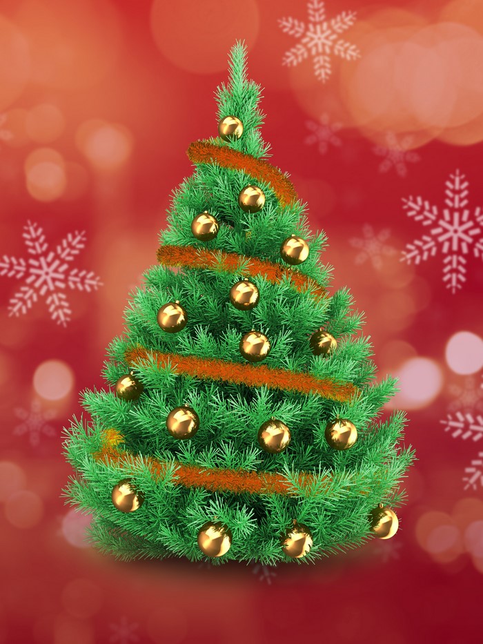 Decorated Christmas tree with golden balls and tinsel