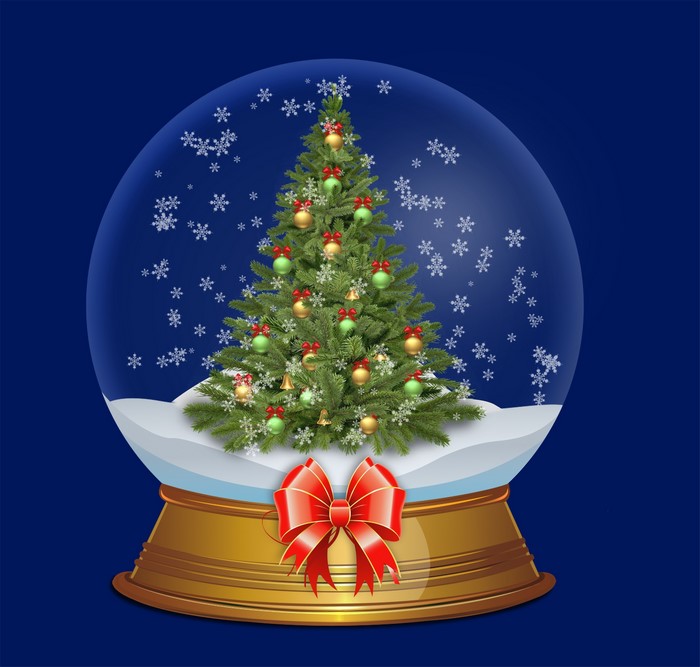Christmas snow globe with decorated tree and red bow