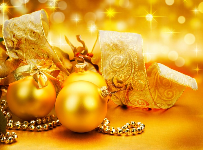 Golden Christmas Ornaments and Ribbon
