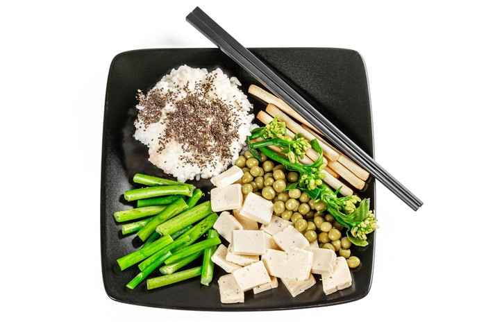 4K Rice and Vegetables with Tofu and Chopsticks