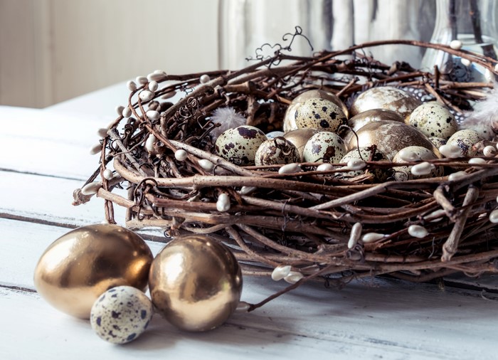 Easter Nest with Golden and Quail Eggs