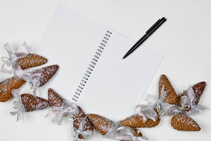 Christmas pine cones with bows and notepad