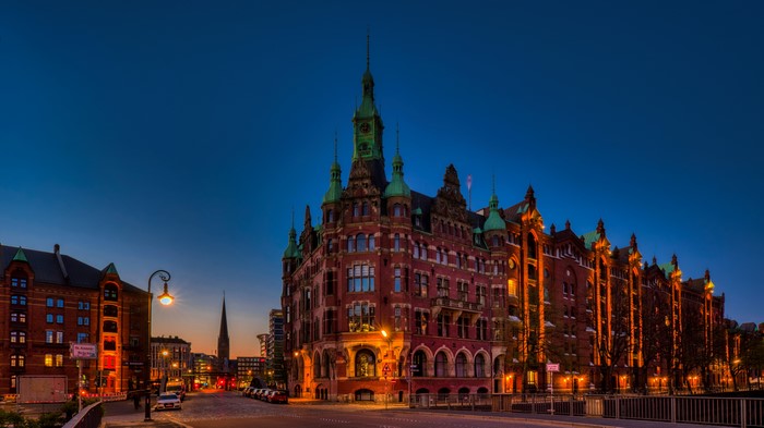 Hamburg Speicherstadt at dusk with street lights
