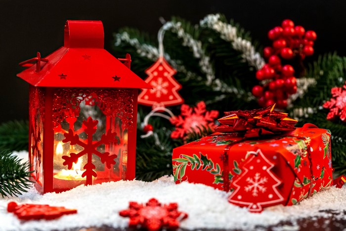 Christmas lantern, gift, and tree decorations