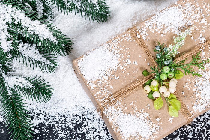 Christmas gift with pine branches and snow