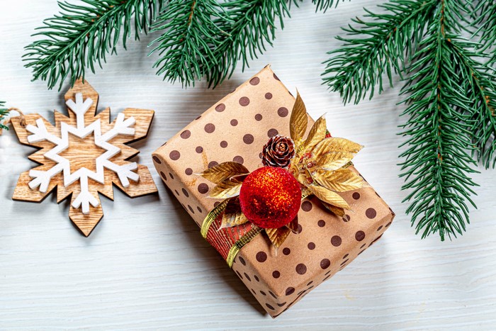 Christmas gift with snowflake and pine branches