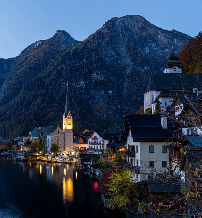 Hallstatt Austria Evening Mountains and Lakefront Houses