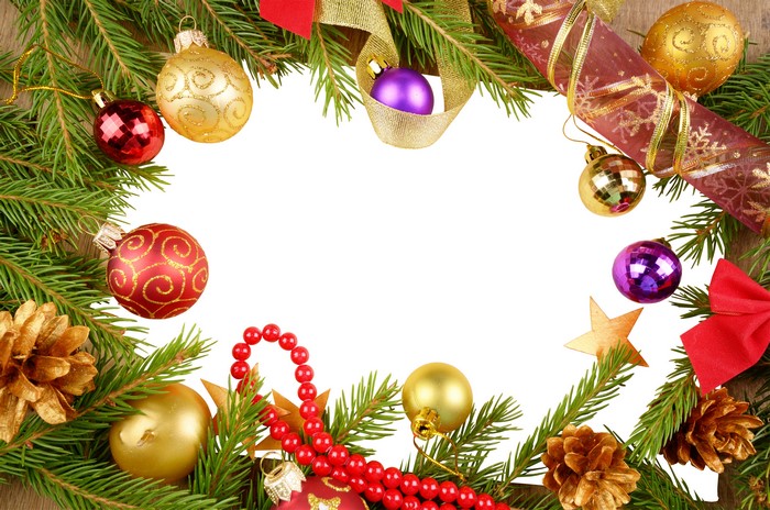 Christmas branches with ornaments, pine cones, and ribbon