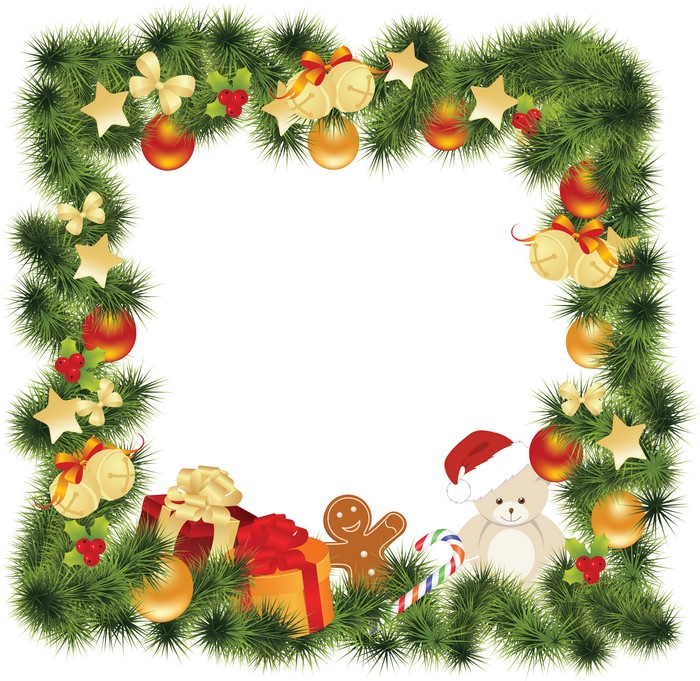 Christmas garland with ornaments, gifts, and teddy bear