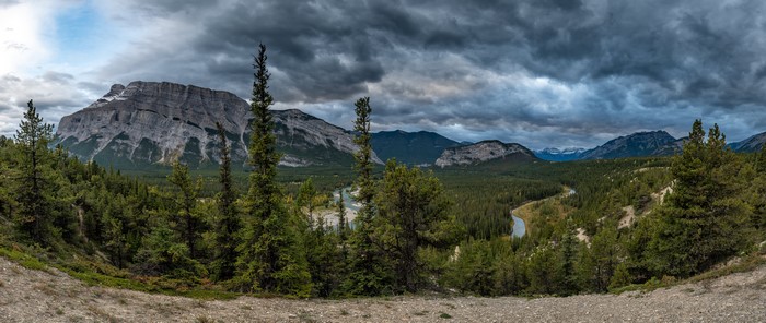 Panorama of Mountains, Forests, and River in Banff, Canada