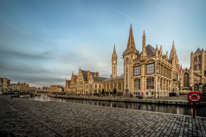 Ghent Waterfront with historic buildings and canal