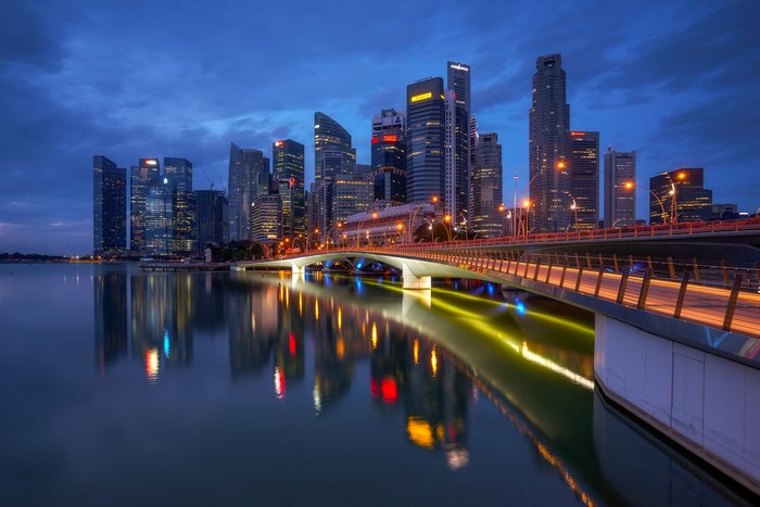 Singapore skyline with bridge at night