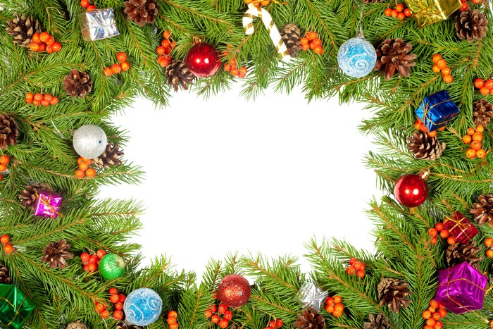 Christmas wreath with ornaments, pine cones, and berries