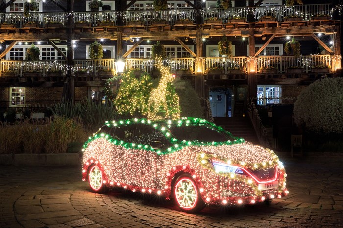 Nissan Leaf decorated with Christmas lights