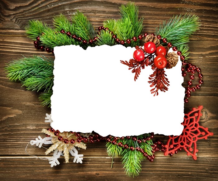 Christmas greeting card with pine branches and ornaments