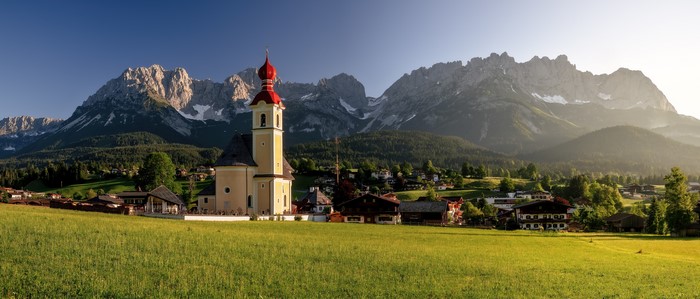 Wilder Kaiser Mountains Panorama with Church in Austria