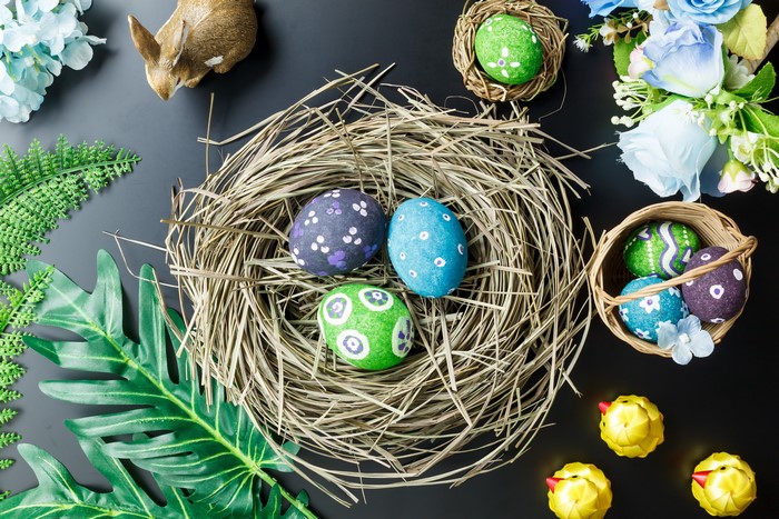 Easter Eggs in a Nest with Chicks and Flowers