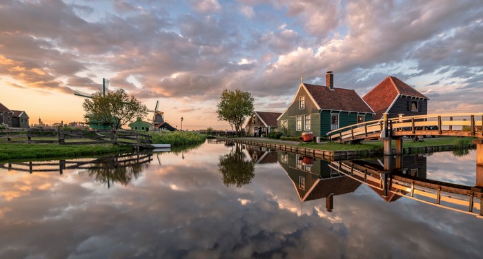 Zaanse Schans Netherlands Houses Bridges Canal Mill Panorama