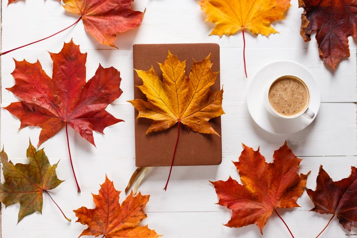 Autumn Maple Leaves with Coffee and Book