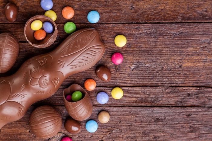 Chocolate Easter bunny and eggs with candies