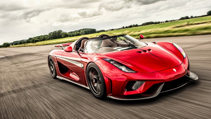 Red Koenigsegg Regera Roadster in Motion