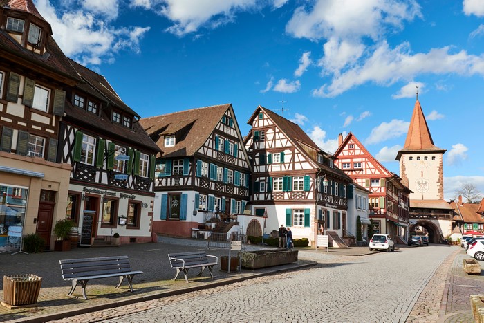 Gengenbach, Germany Street with Half-Timbered Houses and Tower