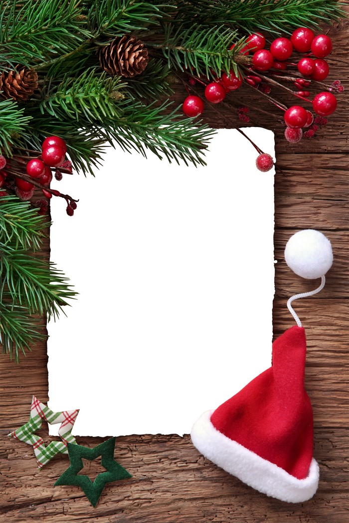 Christmas decoration with blank card and Santa hat