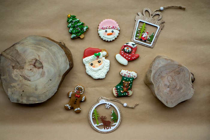 Christmas cookies and ornaments with wood slices