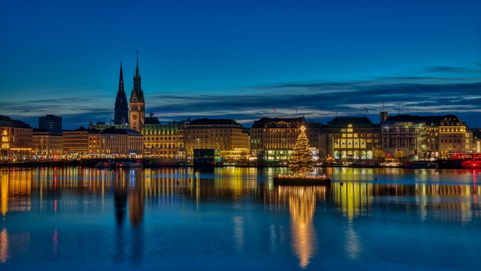 Hamburg skyline with Christmas tree at night