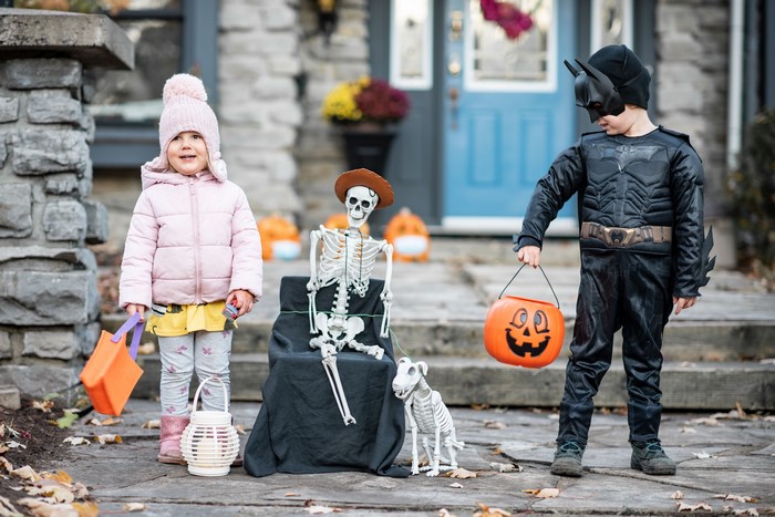 Children in Halloween costumes with skeletons