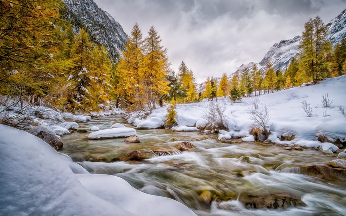Mountain stream in autumn with snow